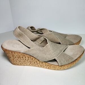 Charleston Shoe Co MED Slingback Crisscross Cork Wedge Sandals Linen Beige Sz 10